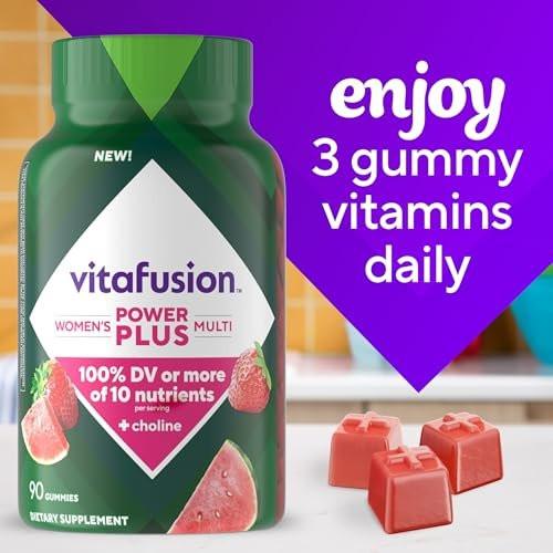 Vitafusion Power Plus Frauen Multivitamin Gummis – 90 Stück, Erdbeer- und Wassermelonengeschmack, unterstützt Nerven, Energiestoffwechsel, Knochen- und Immunsystem