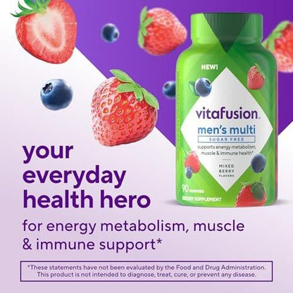 Vitafusion Sugar Free Men’s Multi Tägliche Gummimultivitamine, Unterstützt Energiestoffwechsel, Muskel- und Immunsystem, gemischte Beerengeschmacksrichtungen, 90 Stück