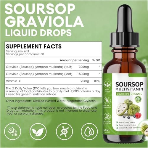 bogomo Soursop Bitters Liquid 2 Fl Oz – Graviola Blattextrakt Tropfen, Multivitamin für Zellunterstützung, Immunsystem & Entspannung