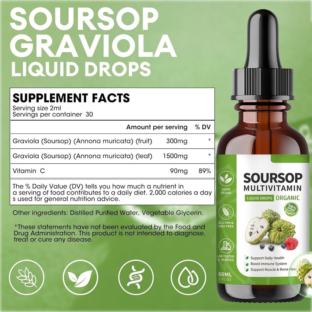 bogomo Soursop Bitters Liquid 2 Fl Oz – Graviola Blattextrakt Tropfen, Multivitamin für Zellunterstützung, Immunsystem & Entspannung