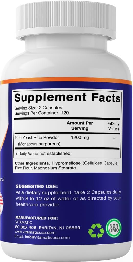 Vitamatic Rote Hefe Reis 1200 mg pro Portion – 240 vegane Kapseln – Hergestellt in den USA – Nicht-GMO & glutenfrei