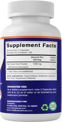 Vitamatic Rote Hefe Reis 1200 mg pro Portion – 240 vegane Kapseln – Hergestellt in den USA – Nicht-GMO & glutenfrei