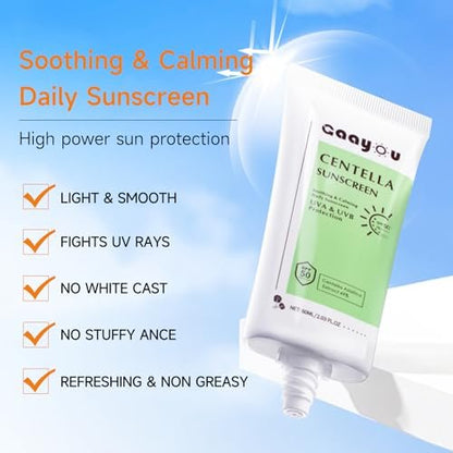 Centella Sonnencreme SPF50 PA++++ Beruhigende Feuchtigkeits-Gesichtssonnencreme mit Centella Asiatica Koreanische Sonnencreme Mattiert ohne Weißeln für fettige und empfindliche Haut