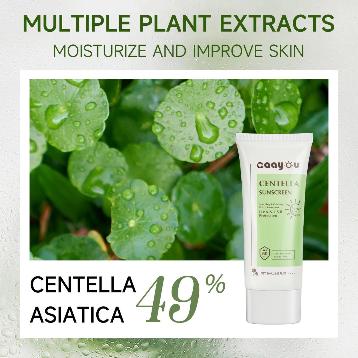 Centella Sonnencreme SPF50 PA++++ Beruhigende Feuchtigkeits-Gesichtssonnencreme mit Centella Asiatica Koreanische Sonnencreme Mattiert ohne Weißeln für fettige und empfindliche Haut