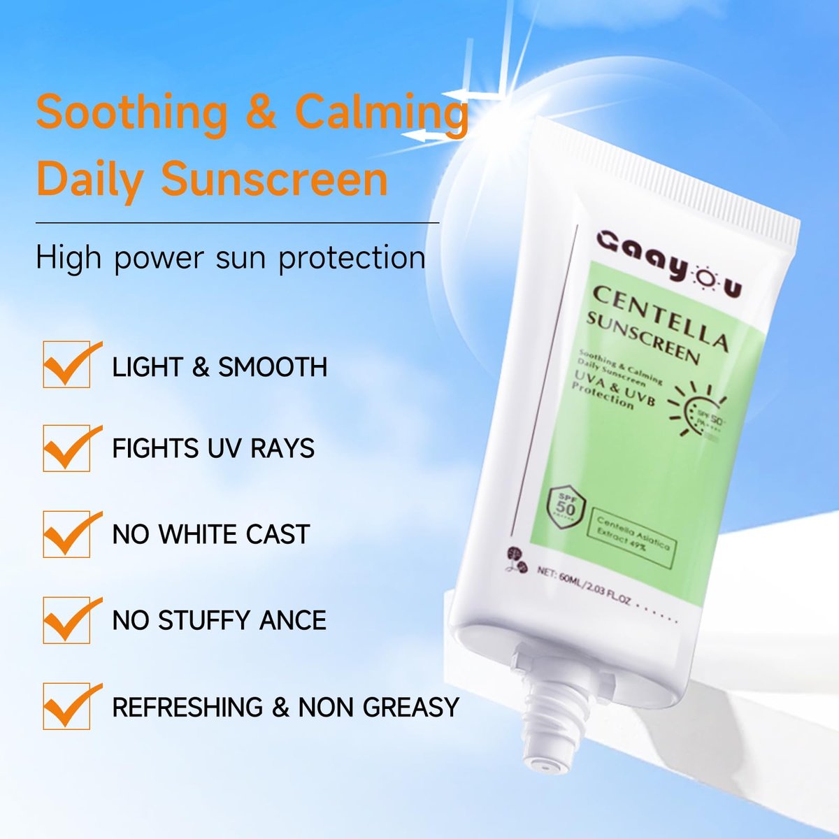 Centella Sonnencreme SPF50 PA++++ Beruhigende Feuchtigkeits-Gesichtssonnencreme mit Centella Asiatica Koreanische Sonnencreme Mattiert ohne Weißeln für fettige und empfindliche Haut