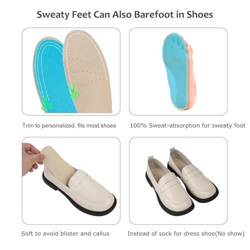 2 Paar Schweinsleder Sockenlose Einlegesohlen | Barfuß-Polster | Absorbiert Schweiß & kontrolliert Geruch | Tragen ohne Socken | Extra dünne Einlagen für Damen High Heels, Ballerinas, Sneakers, Medium 8-9,5