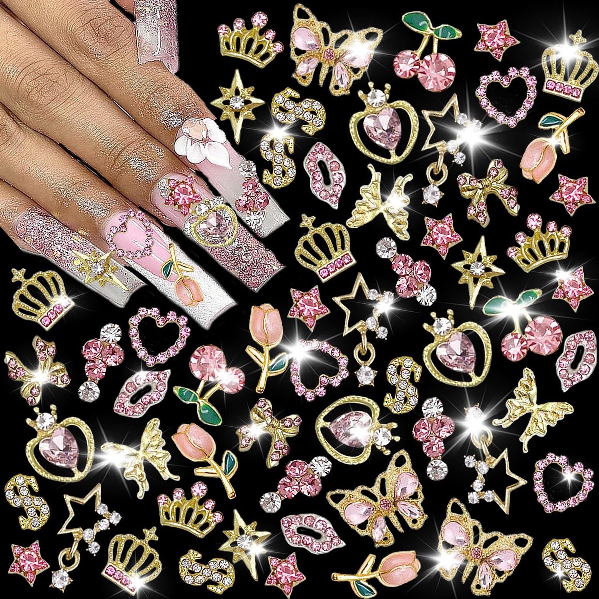 KACHIMOO 30 Stücke Pinke Nagelverzierungen Y2K Nagelaccessoires Glitzersteine für Nägel 3D Herz Bogen Stern Kirsche Krone Schmetterling Blume Nagelgüter Gold Nagelkunstverzierungen für Frauen Mädchen Nagel DIY