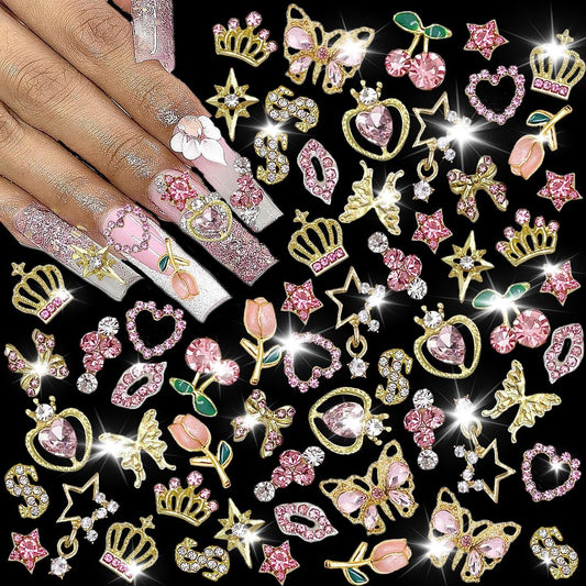 KACHIMOO 30 Stücke Pinke Nagelverzierungen Y2K Nagelaccessoires Glitzersteine für Nägel 3D Herz Bogen Stern Kirsche Krone Schmetterling Blume Nagelgüter Gold Nagelkunstverzierungen für Frauen Mädchen Nagel DIY