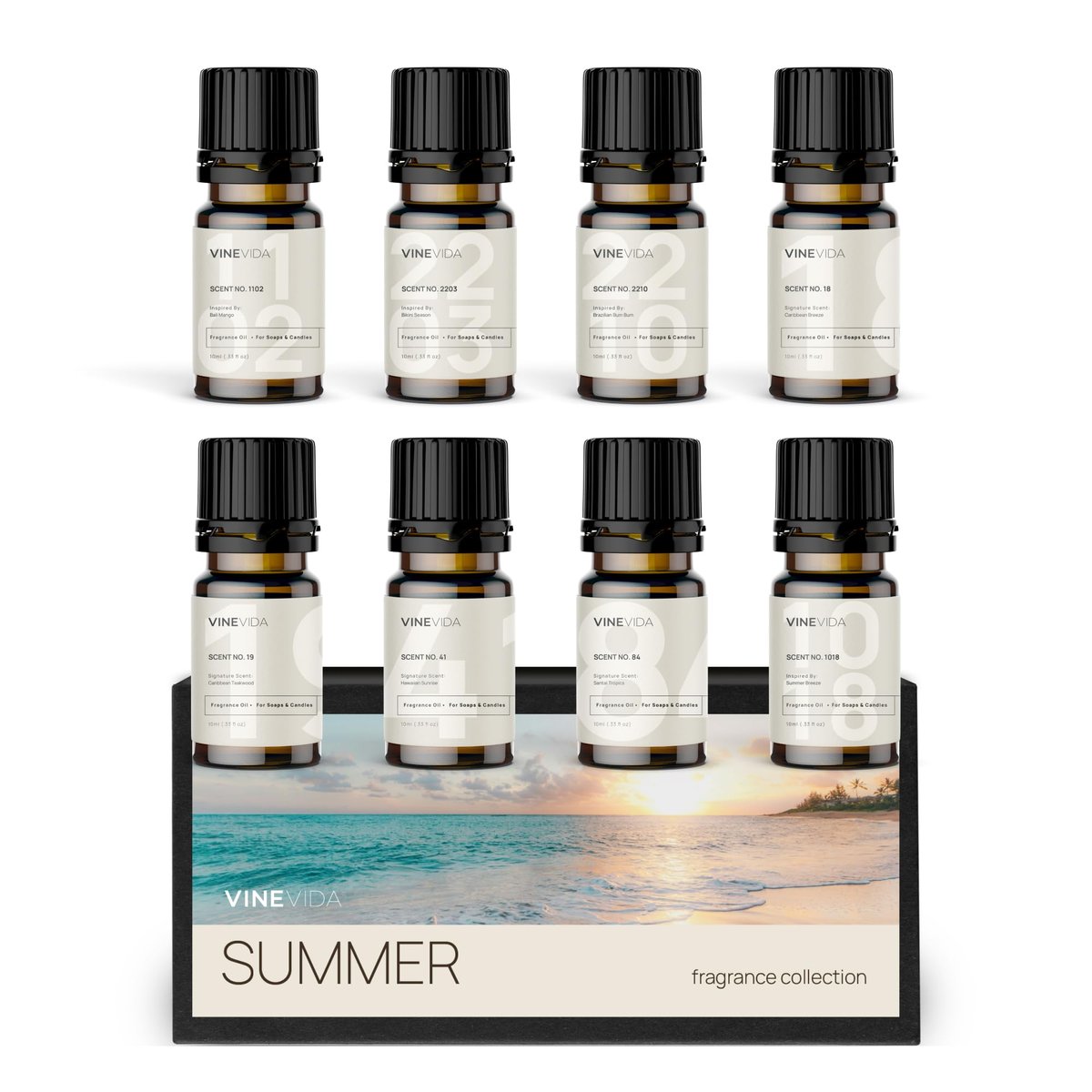 VINEVIDA [Set of 8] Sommerdüfte für die Kerzenherstellung, Ätherische Öle Sommer, Hergestellt in den USA Duftöl für Kerzen, Seifenherstellung, Diffuseröle