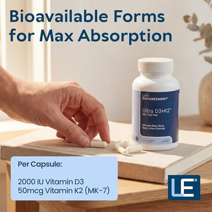 Life Enhancement Vitamin D3 K2 2000 IE – Unterstützt Muskel- und Gehirngesundheit, Immun- und Herz-Kreislauf-System – Hergestellt in den USA (120 vegane Kapseln)