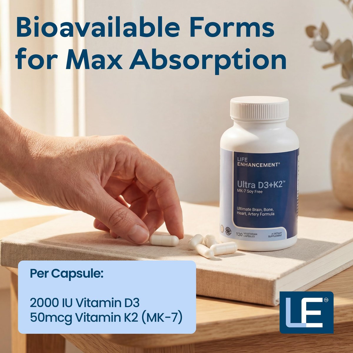 Life Enhancement Vitamin D3 K2 2000 IE – Unterstützt Muskel- und Gehirngesundheit, Immun- und Herz-Kreislauf-System – Hergestellt in den USA (120 vegane Kapseln)