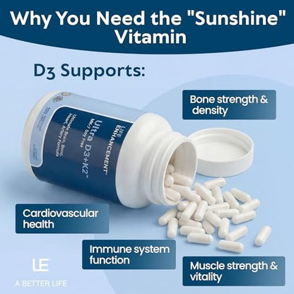 Life Enhancement Vitamin D3 K2 2000 IE – Unterstützt Muskel- und Gehirngesundheit, Immun- und Herz-Kreislauf-System – Hergestellt in den USA (120 vegane Kapseln)