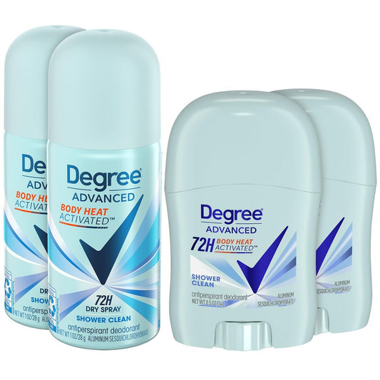 Degree Damen Reise Deodorant Antitranspirant Set – Fortschrittlicher 72h Schutz Mini-Sticks und Trockensprays, Shower Clean Duft (4-teiliges Set)