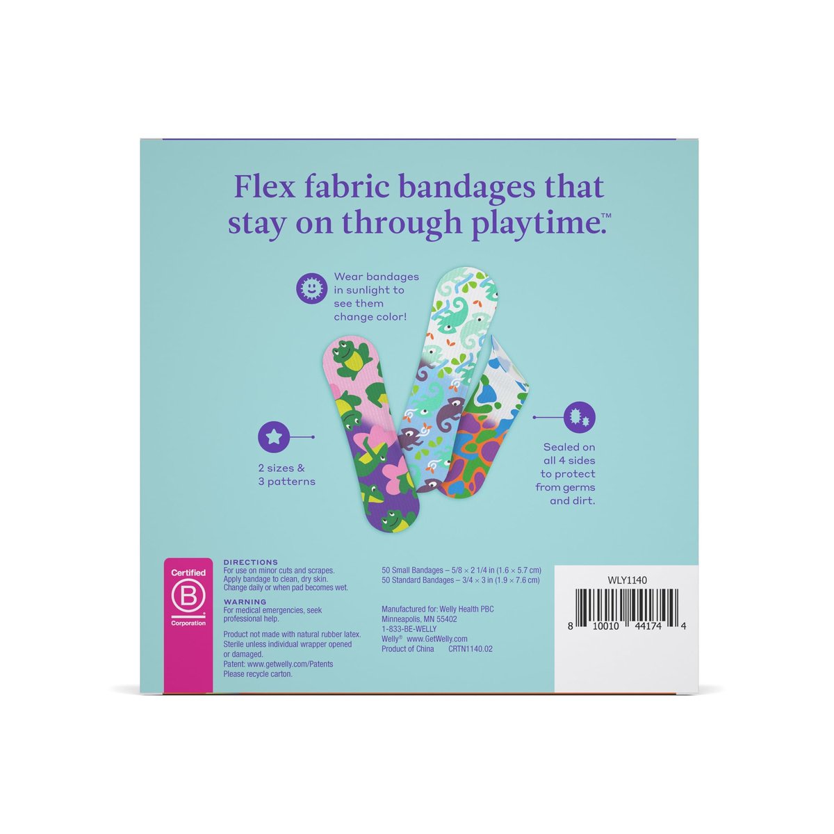Welly Bandage Color Changing Nachfüllpack | Flexible Stoffpflaster mit wechselnden Farben | 100 Stück für kleine Schnitte, Schrammen und Wunden