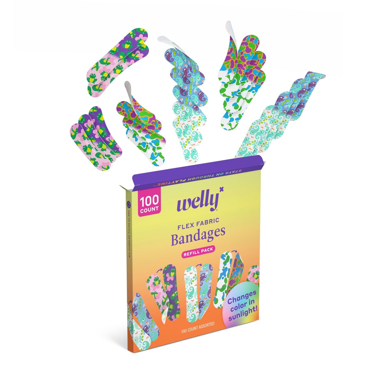 Welly Bandage Color Changing Nachfüllpack | Flexible Stoffpflaster mit wechselnden Farben | 100 Stück für kleine Schnitte, Schrammen und Wunden
