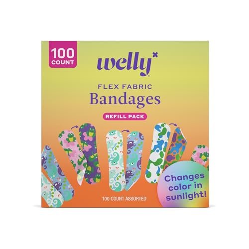 Welly Bandage Color Changing Nachfüllpack | Flexible Stoffpflaster mit wechselnden Farben | 100 Stück für kleine Schnitte, Schrammen und Wunden