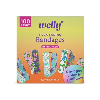 Welly Bandage Color Changing Nachfüllpack | Flexible Stoffpflaster mit wechselnden Farben | 100 Stück für kleine Schnitte, Schrammen und Wunden