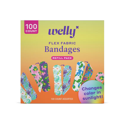 Welly Bandage Color Changing Nachfüllpack | Flexible Stoffpflaster mit wechselnden Farben | 100 Stück für kleine Schnitte, Schrammen und Wunden