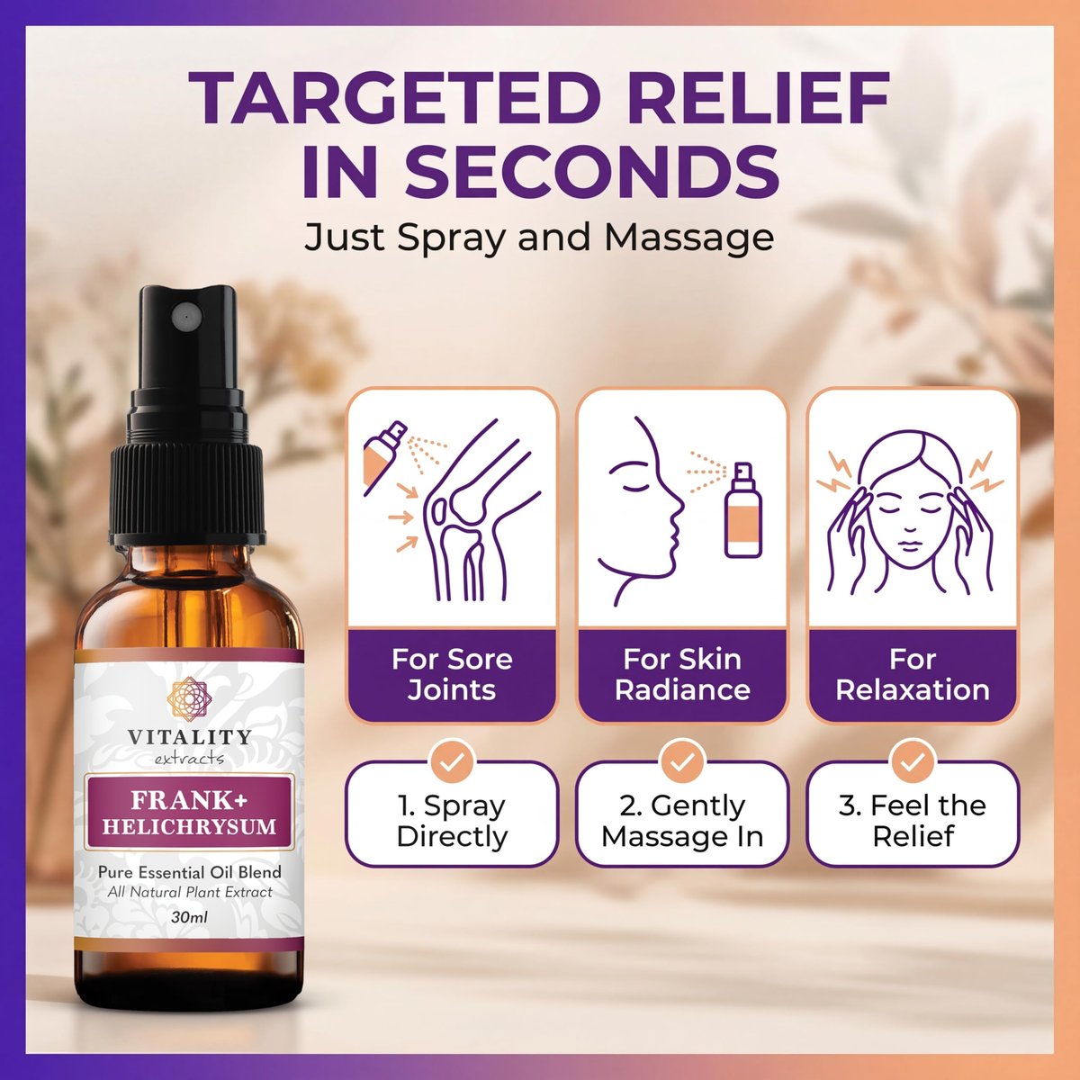 Vitality Extracts Frank+ Helichrysum Ätherisches Öl Blend - 30ml Sprühflasche, Weihrauch Boswellia Serrata, Aromatherapie, Sanfte Haut, Linderung von Alltagsbeschwerden und Schmerzen, Natürlich