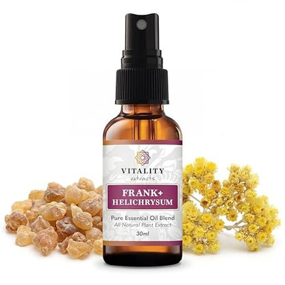 Vitality Extracts Frank+ Helichrysum Ätherisches Öl Blend - 30ml Sprühflasche, Weihrauch Boswellia Serrata, Aromatherapie, Sanfte Haut, Linderung von Alltagsbeschwerden und Schmerzen, Natürlich