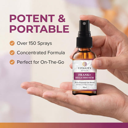 Vitality Extracts Frank+ Helichrysum Ätherisches Öl Blend - 30ml Sprühflasche, Weihrauch Boswellia Serrata, Aromatherapie, Sanfte Haut, Linderung von Alltagsbeschwerden und Schmerzen, Natürlich