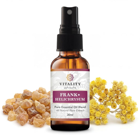 Vitality Extracts Frank+ Helichrysum Ätherisches Öl Blend - 30ml Sprühflasche, Weihrauch Boswellia Serrata, Aromatherapie, Sanfte Haut, Linderung von Alltagsbeschwerden und Schmerzen, Natürlich
