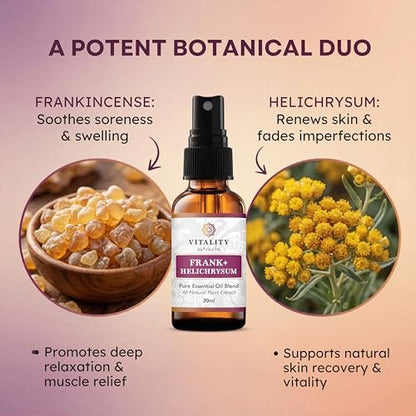 Vitality Extracts Frank+ Helichrysum Ätherisches Öl Blend - 30ml Sprühflasche, Weihrauch Boswellia Serrata, Aromatherapie, Sanfte Haut, Linderung von Alltagsbeschwerden und Schmerzen, Natürlich