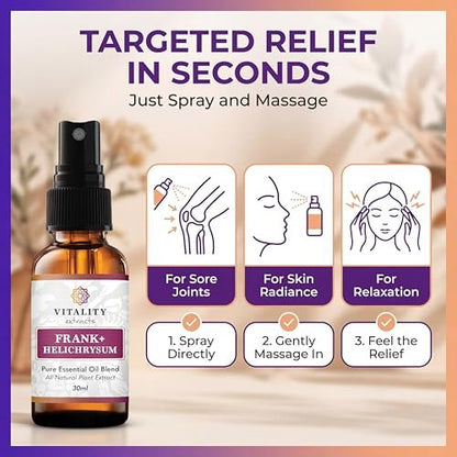 Vitality Extracts Frank+ Helichrysum Ätherisches Öl Blend - 30ml Sprühflasche, Weihrauch Boswellia Serrata, Aromatherapie, Sanfte Haut, Linderung von Alltagsbeschwerden und Schmerzen, Natürlich