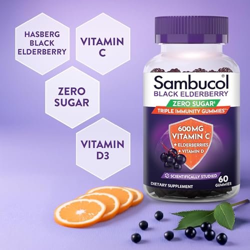 Sambucol Schwarzer Holunder Zero Sugar Triple Immunity Gummies – Tägliches Vitamin C & Vitamin D, Zuckerfreie Holunder-Gummibärchen für Erwachsene und Kinder, kauzige Beeren-Ergänzung – 60 Stück