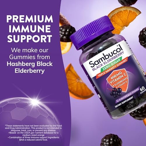 Sambucol Schwarzer Holunder Zero Sugar Triple Immunity Gummies – Tägliches Vitamin C & Vitamin D, Zuckerfreie Holunder-Gummibärchen für Erwachsene und Kinder, kauzige Beeren-Ergänzung – 60 Stück