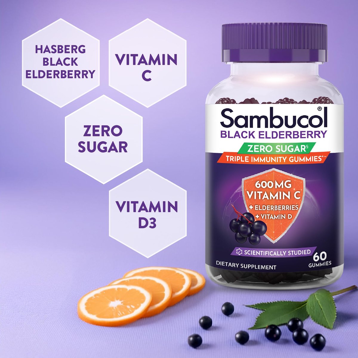 Sambucol Schwarzer Holunder Zero Sugar Triple Immunity Gummies – Tägliches Vitamin C & Vitamin D, Zuckerfreie Holunder-Gummibärchen für Erwachsene und Kinder, kauzige Beeren-Ergänzung – 60 Stück