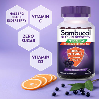 Sambucol Schwarzer Holunder Zero Sugar Triple Immunity Gummies – Tägliches Vitamin C & Vitamin D, Zuckerfreie Holunder-Gummibärchen für Erwachsene und Kinder, kauzige Beeren-Ergänzung – 60 Stück