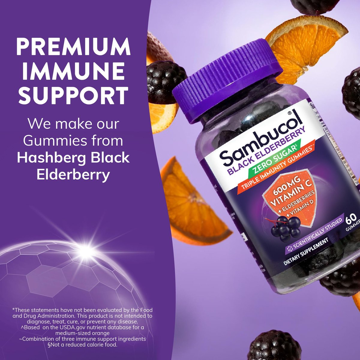 Sambucol Schwarzer Holunder Zero Sugar Triple Immunity Gummies – Tägliches Vitamin C & Vitamin D, Zuckerfreie Holunder-Gummibärchen für Erwachsene und Kinder, kauzige Beeren-Ergänzung – 60 Stück