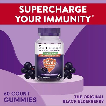 Sambucol Schwarzer Holunder Zero Sugar Triple Immunity Gummies – Tägliches Vitamin C & Vitamin D, Zuckerfreie Holunder-Gummibärchen für Erwachsene und Kinder, kauzige Beeren-Ergänzung – 60 Stück
