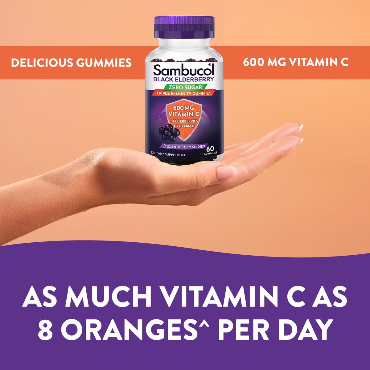 Sambucol Schwarzer Holunder Zero Sugar Triple Immunity Gummies – Tägliches Vitamin C & Vitamin D, Zuckerfreie Holunder-Gummibärchen für Erwachsene und Kinder, kauzige Beeren-Ergänzung – 60 Stück