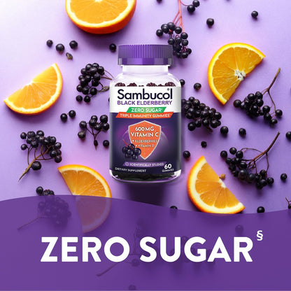 Sambucol Schwarzer Holunder Zero Sugar Triple Immunity Gummies – Tägliches Vitamin C & Vitamin D, Zuckerfreie Holunder-Gummibärchen für Erwachsene und Kinder, kauzige Beeren-Ergänzung – 60 Stück