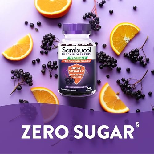 Sambucol Schwarzer Holunder Zero Sugar Triple Immunity Gummies – Tägliches Vitamin C & Vitamin D, Zuckerfreie Holunder-Gummibärchen für Erwachsene und Kinder, kauzige Beeren-Ergänzung – 60 Stück