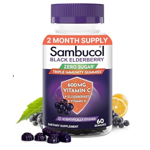 Sambucol Schwarzer Holunder Zero Sugar Triple Immunity Gummies – Tägliches Vitamin C & Vitamin D, Zuckerfreie Holunder-Gummibärchen für Erwachsene und Kinder, kauzige Beeren-Ergänzung – 60 Stück