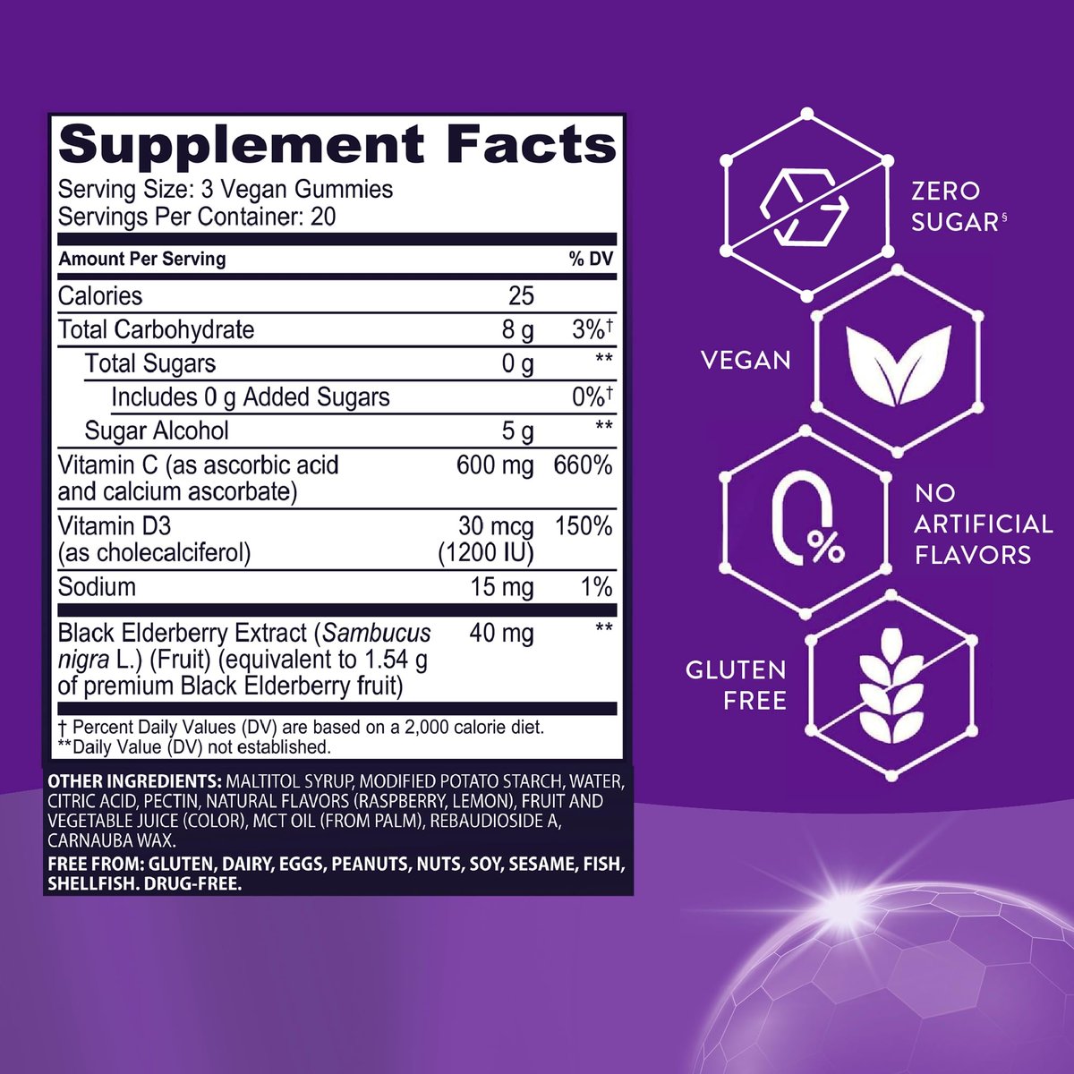 Sambucol Schwarzer Holunder Zero Sugar Triple Immunity Gummies – Tägliches Vitamin C & Vitamin D, Zuckerfreie Holunder-Gummibärchen für Erwachsene und Kinder, kauzige Beeren-Ergänzung – 60 Stück