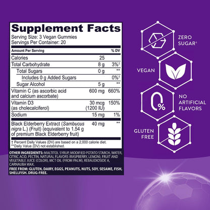 Sambucol Schwarzer Holunder Zero Sugar Triple Immunity Gummies – Tägliches Vitamin C & Vitamin D, Zuckerfreie Holunder-Gummibärchen für Erwachsene und Kinder, kauzige Beeren-Ergänzung – 60 Stück