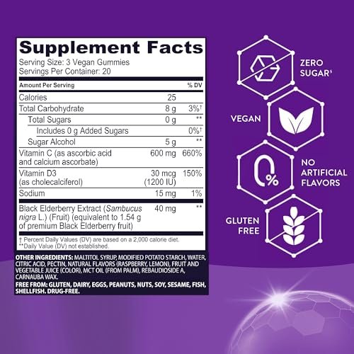 Sambucol Schwarzer Holunder Zero Sugar Triple Immunity Gummies – Tägliches Vitamin C & Vitamin D, Zuckerfreie Holunder-Gummibärchen für Erwachsene und Kinder, kauzige Beeren-Ergänzung – 60 Stück