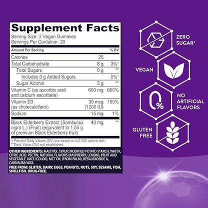 Sambucol Schwarzer Holunder Zero Sugar Triple Immunity Gummies – Tägliches Vitamin C & Vitamin D, Zuckerfreie Holunder-Gummibärchen für Erwachsene und Kinder, kauzige Beeren-Ergänzung – 60 Stück