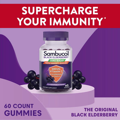 Sambucol Schwarzer Holunder Zero Sugar Triple Immunity Gummies – Tägliches Vitamin C & Vitamin D, Zuckerfreie Holunder-Gummibärchen für Erwachsene und Kinder, kauzige Beeren-Ergänzung – 60 Stück
