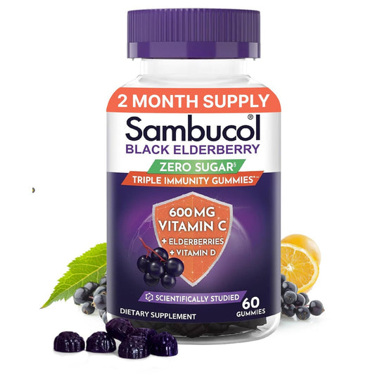 Sambucol Schwarzer Holunder Zero Sugar Triple Immunity Gummies – Tägliches Vitamin C & Vitamin D, Zuckerfreie Holunder-Gummibärchen für Erwachsene und Kinder, kauzige Beeren-Ergänzung – 60 Stück