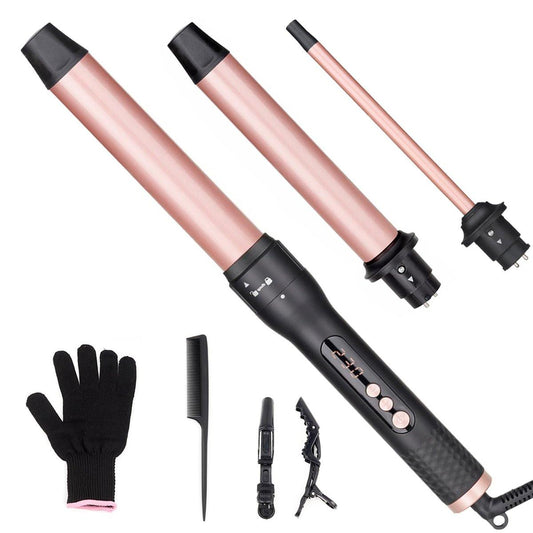 3-in-1 Lockenwickler-Set, Haarwellen-Set mit 3 austauschbaren Keramik-Lockenwicklern (0,35–1,25 Zoll), sofortige Aufheizung, Dual-Voltage-Haarwelleneisen, inklusive Handschuh