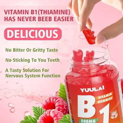 YUULAI Vitamin B1 Gummis 500mg für Erwachsene und Kinder – Thiamin mit Magnesium, zur Unterstützung des Nervensystems und für mehr Energie, Himbeergeschmack, 60 Stück