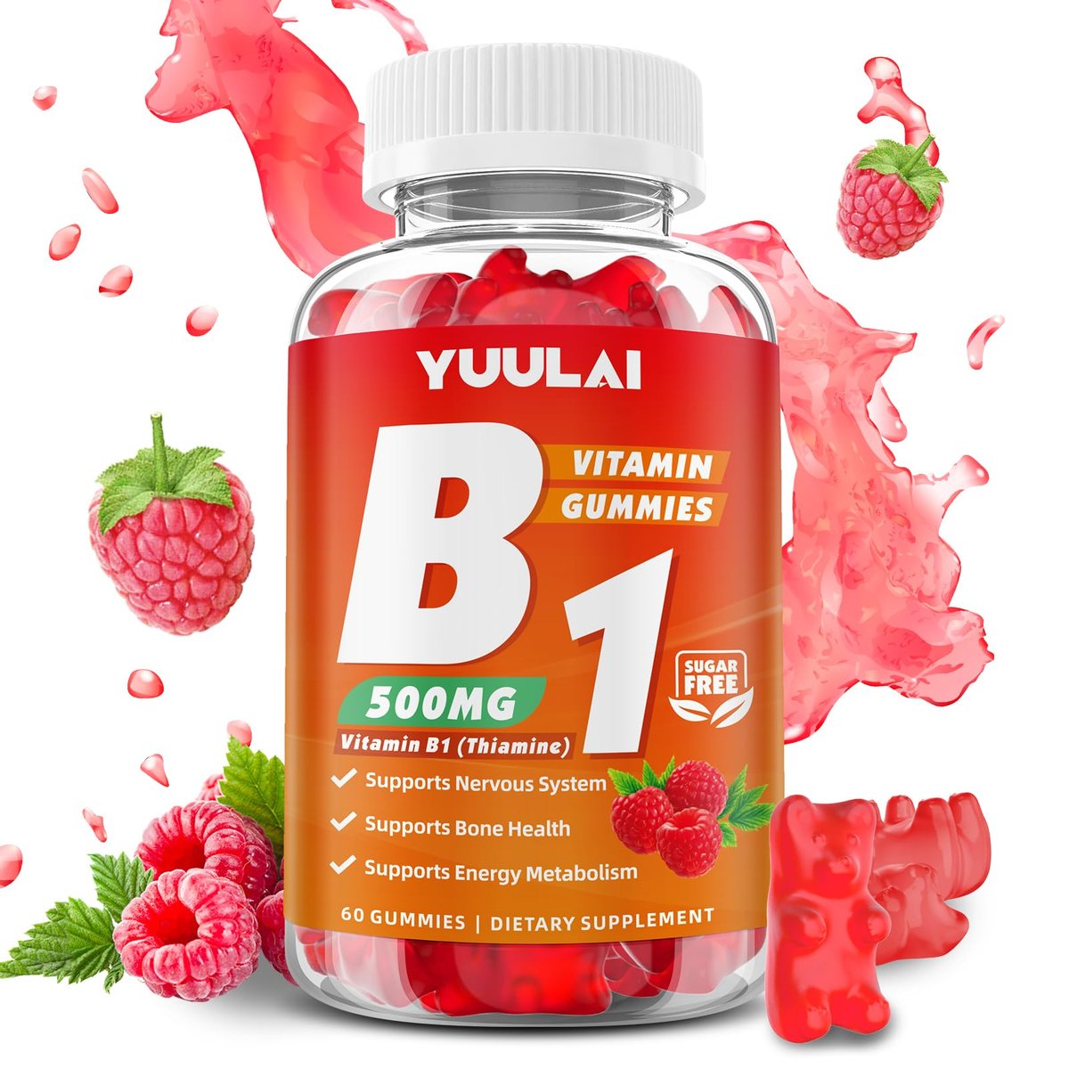 YUULAI Vitamin B1 Gummis 500mg für Erwachsene und Kinder – Thiamin mit Magnesium, zur Unterstützung des Nervensystems und für mehr Energie, Himbeergeschmack, 60 Stück
