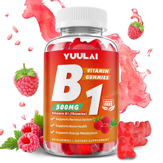 YUULAI Vitamin B1 Gummis 500mg für Erwachsene und Kinder – Thiamin mit Magnesium, zur Unterstützung des Nervensystems und für mehr Energie, Himbeergeschmack, 60 Stück