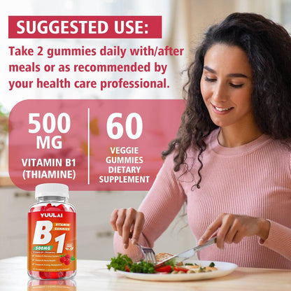 YUULAI Vitamin B1 Gummis 500mg für Erwachsene und Kinder – Thiamin mit Magnesium, zur Unterstützung des Nervensystems und für mehr Energie, Himbeergeschmack, 60 Stück
