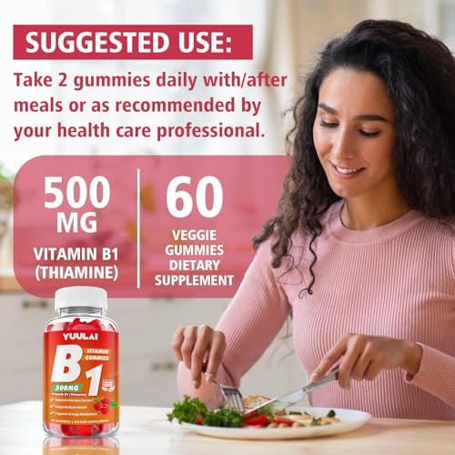 YUULAI Vitamin B1 Gummis 500mg für Erwachsene und Kinder – Thiamin mit Magnesium, zur Unterstützung des Nervensystems und für mehr Energie, Himbeergeschmack, 60 Stück
